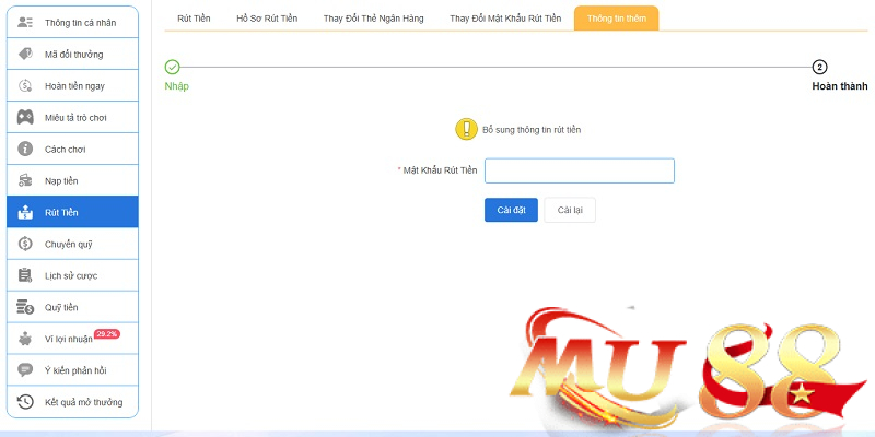 Thiết lập mật khẩu rút tiền