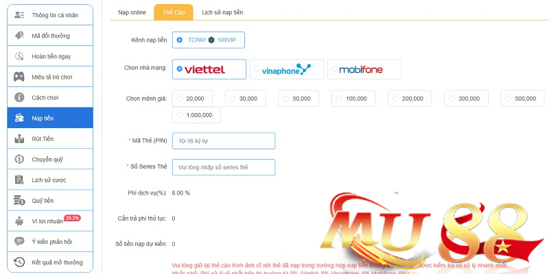 Nạp tiền Mu88 qua thẻ cào