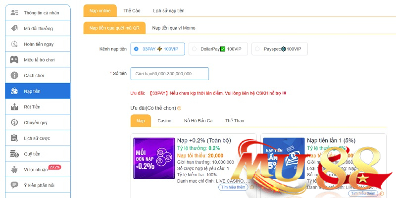Nạp tiền qua ngân hàng trực tuyến